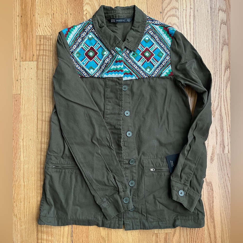 NWT Zara Embroidered Beaded Boho Army Green Utility Shirt Jacket XS